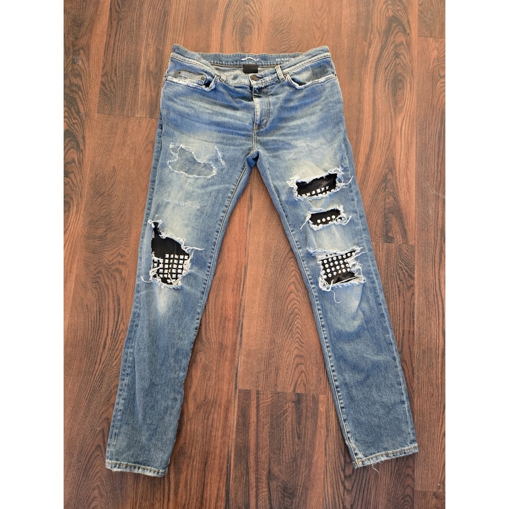 Saint Laurent Hedi Slimane Patched Studded Mens 34 Denim Jeans D02 M/SK-LW YSL